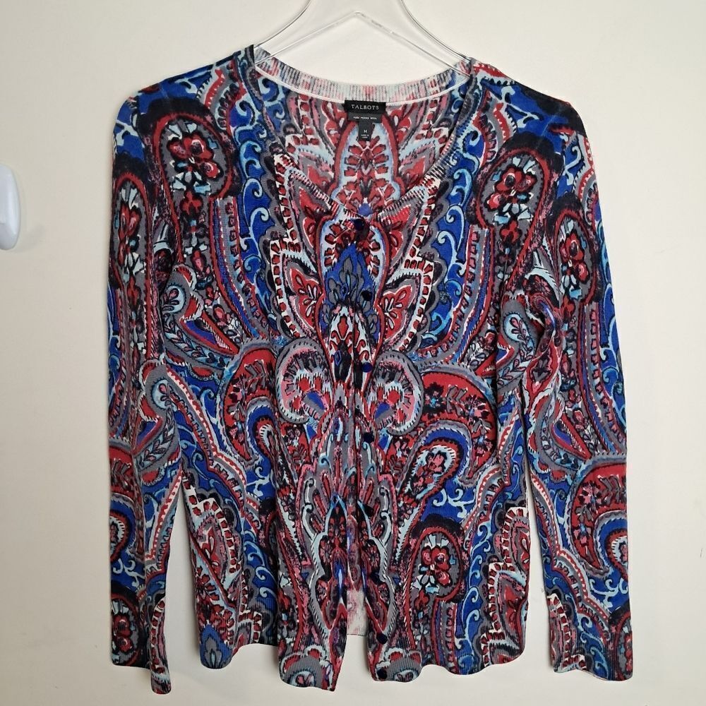 Talbots Pure Merino Wool Cardigan Sweater Paisley Red Blue  Medium